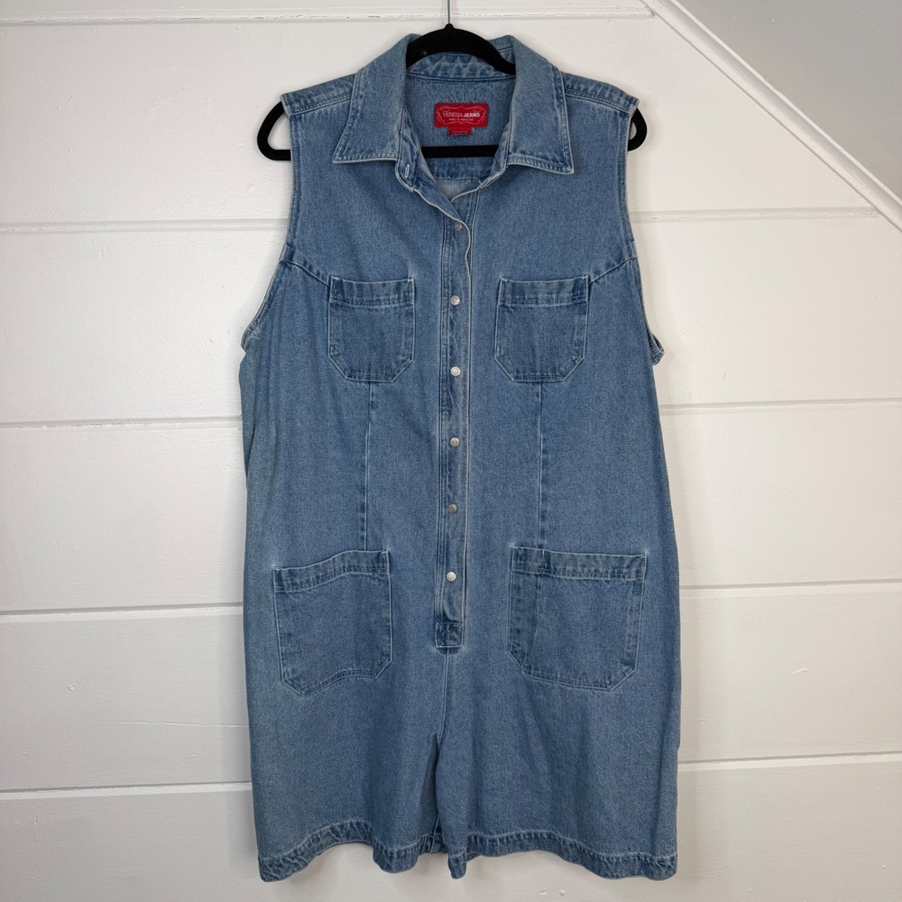 Y2K VTG Plus Size 16 Denim Jeans Romper Sleeveless Button Up Mom